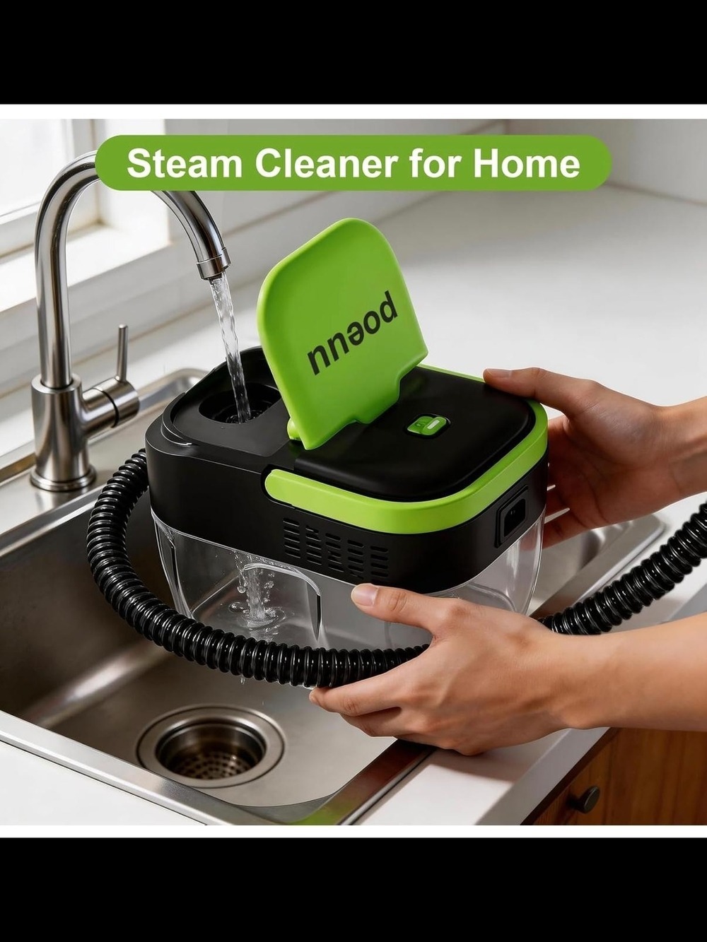 Poeeuu Handheld Steam Cleaner in Black & Lime Green - Picture 1 of 5
